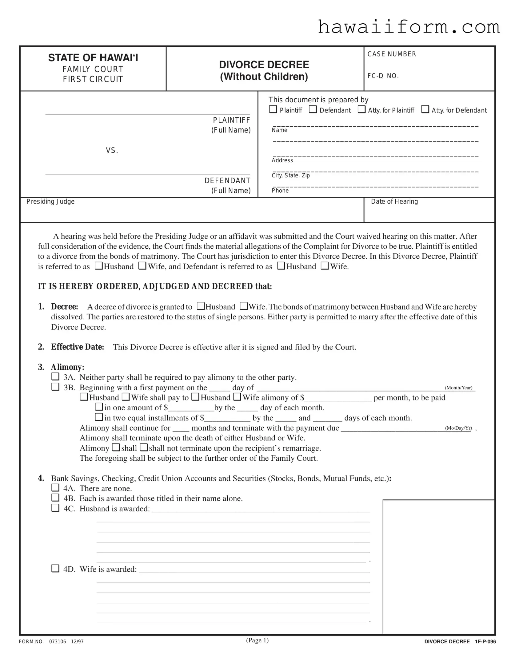 Get Divorce Decree Hawaii Template