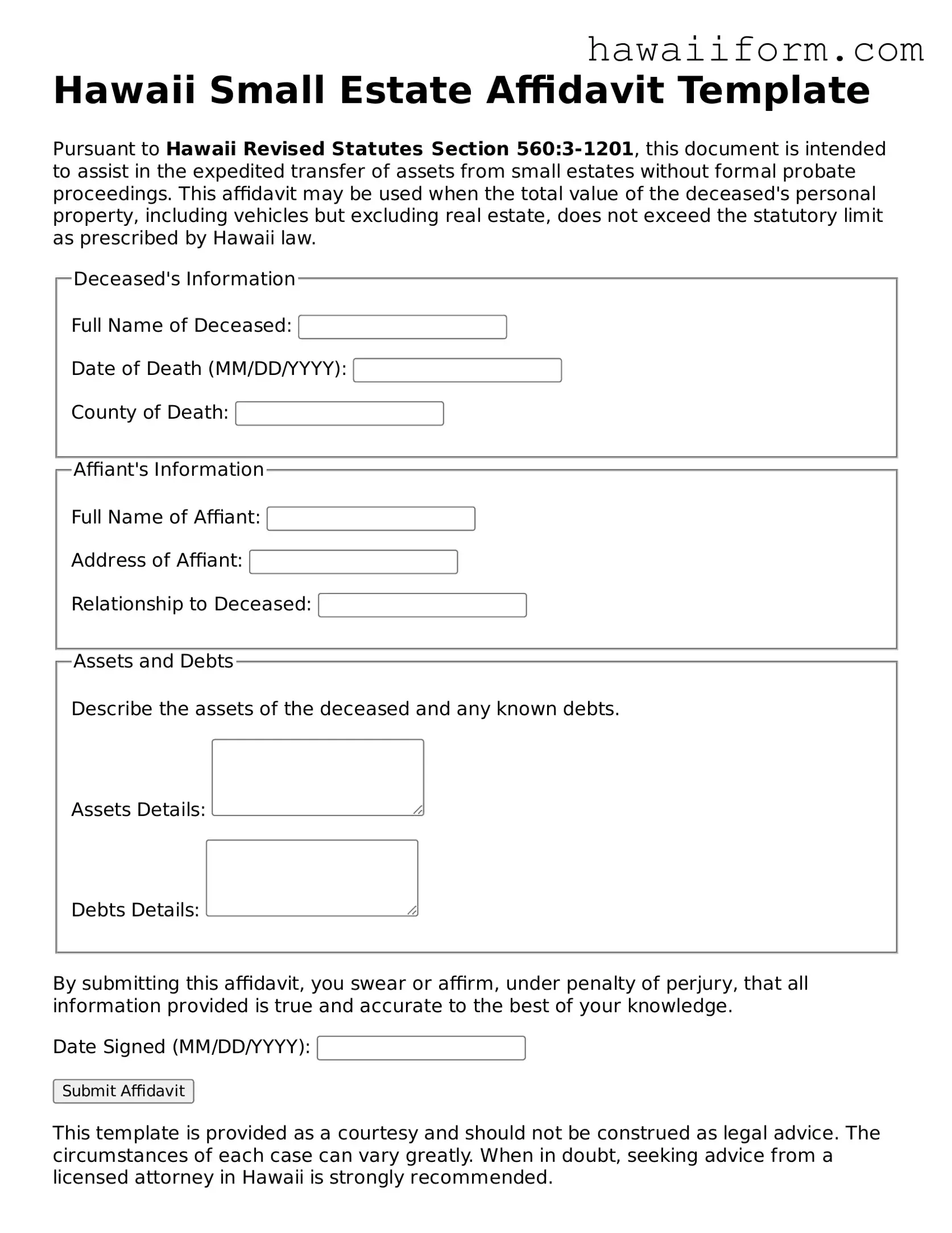 Attorney-Approved Hawaii Small Estate Affidavit Form