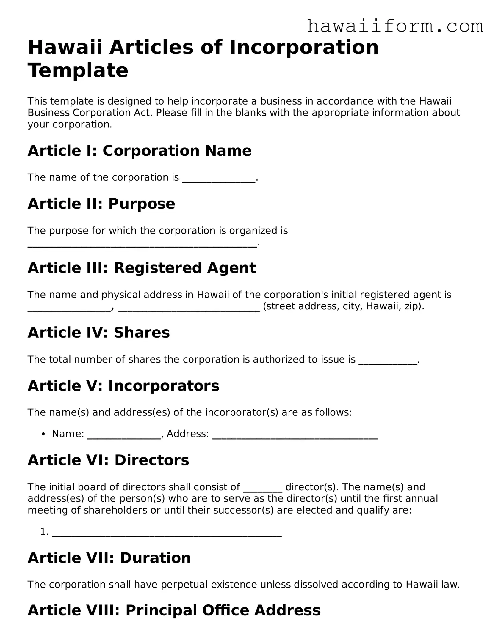 Attorney-Approved Hawaii Articles of Incorporation Form