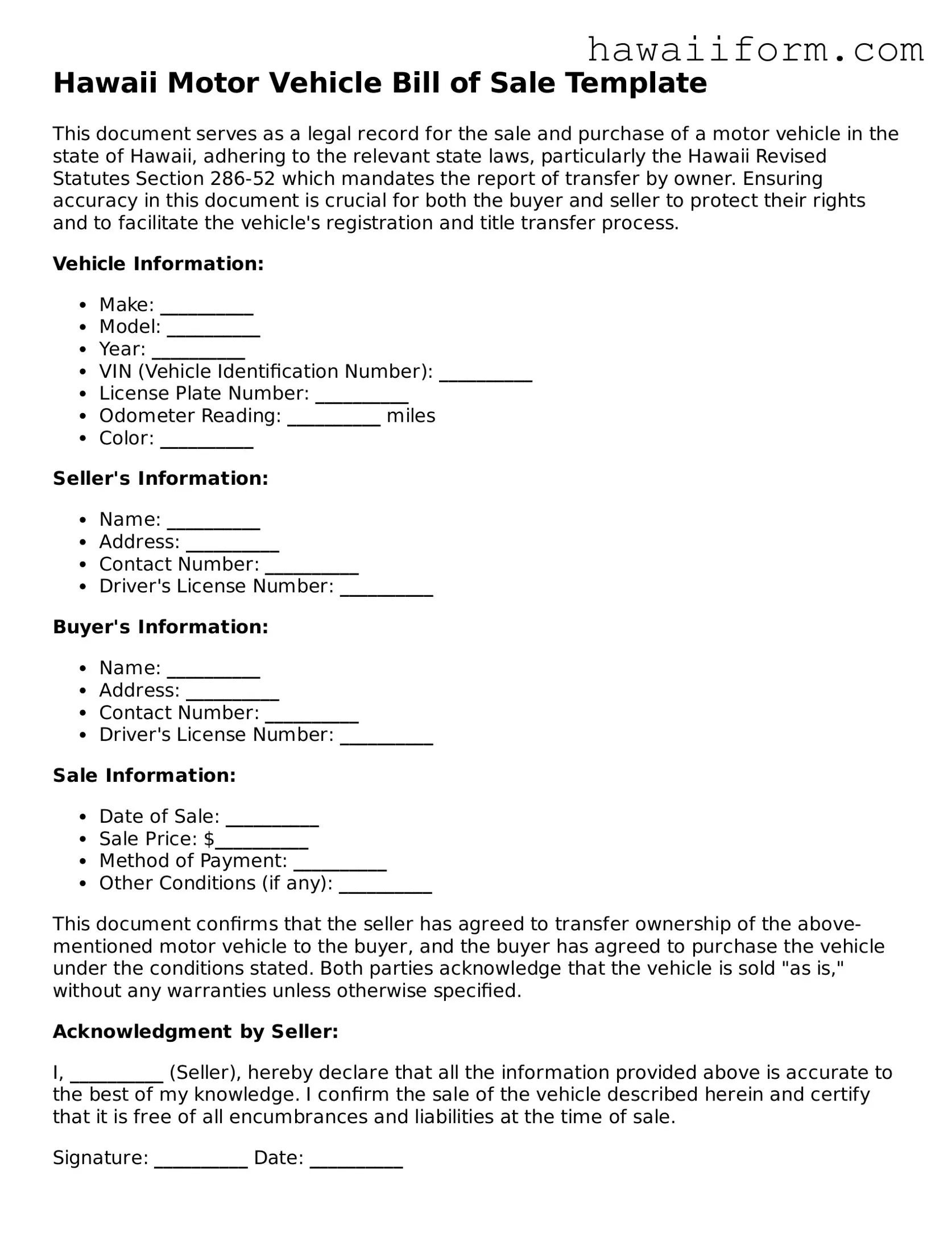 Attorney-Approved Hawaii Motor Vehicle Bill of Sale Form