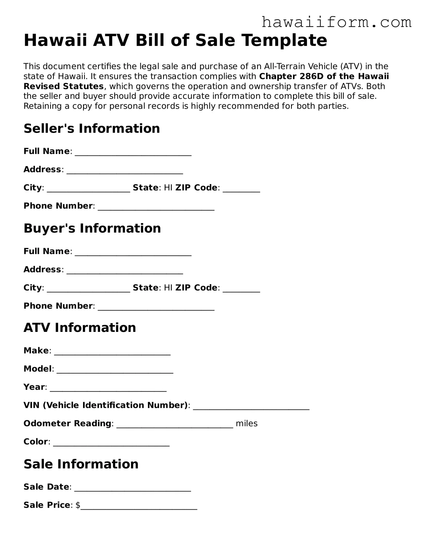 Attorney-Approved Hawaii ATV Bill of Sale Form