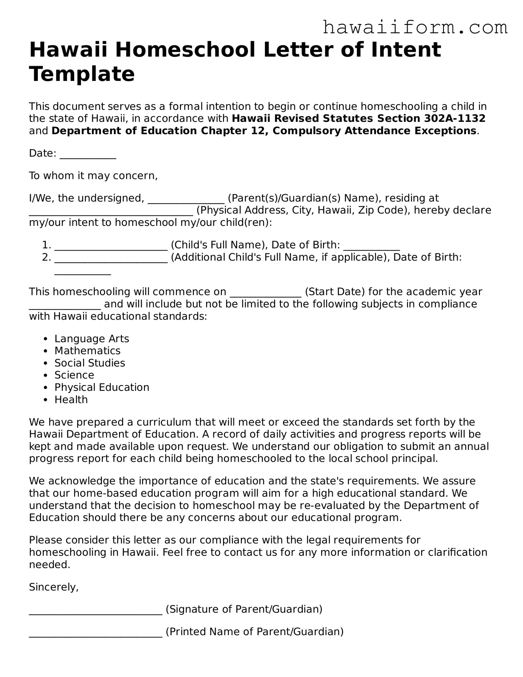 Attorney-Approved Hawaii Homeschool Letter of Intent Form