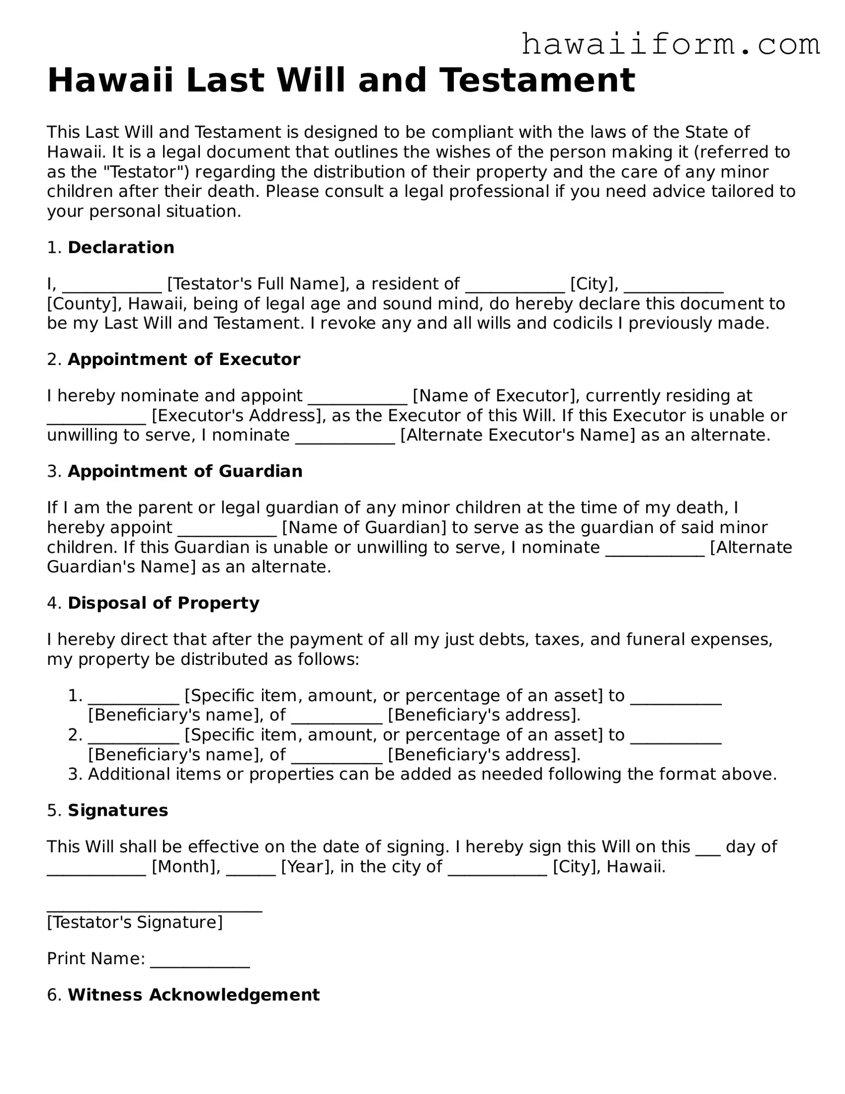 Attorney-Approved Hawaii Last Will and Testament Form