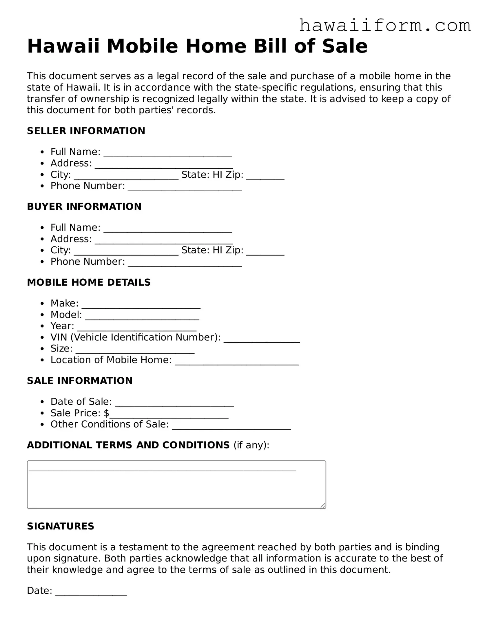 Attorney-Approved Hawaii Mobile Home Bill of Sale Form