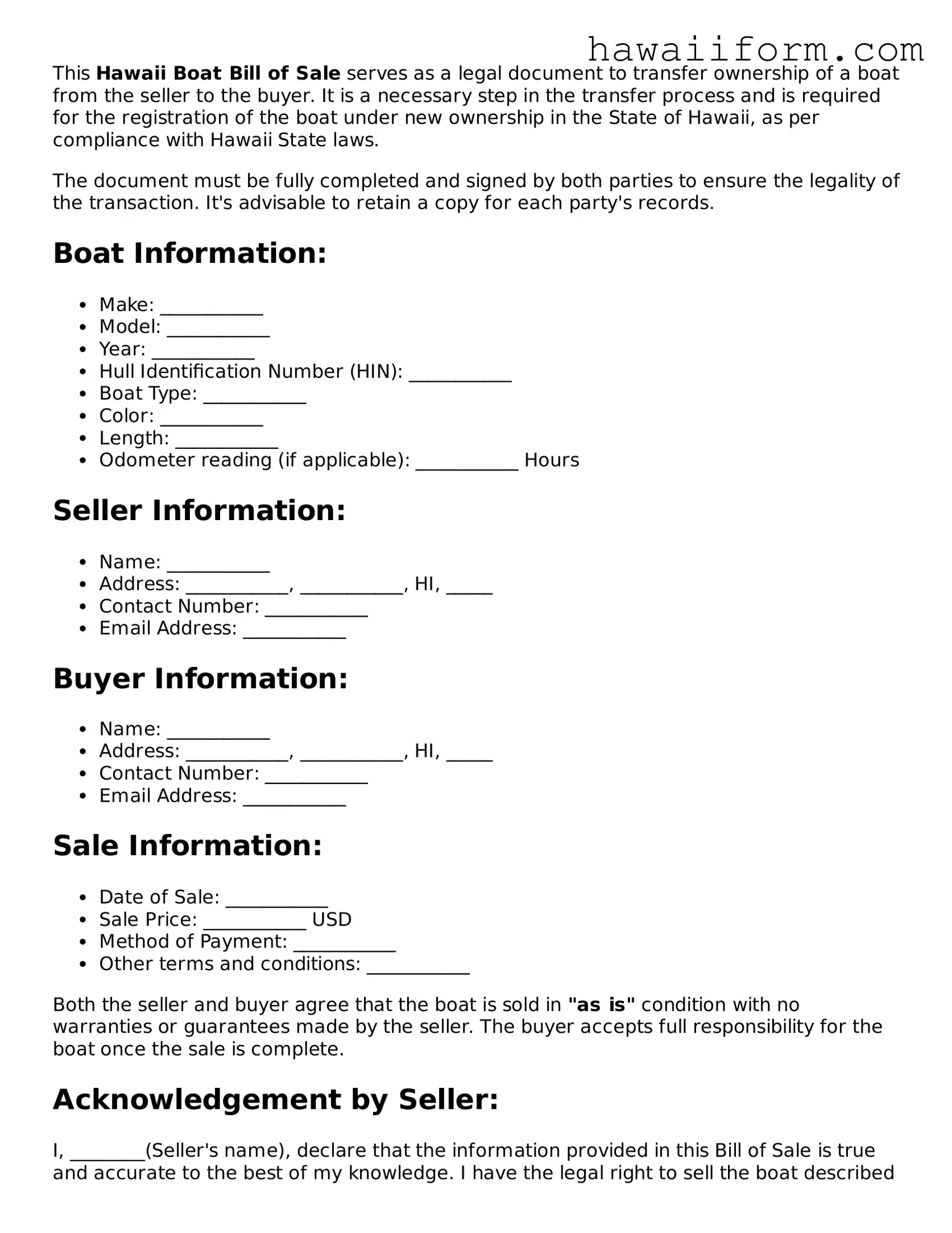 Attorney-Approved Hawaii Boat Bill of Sale Form