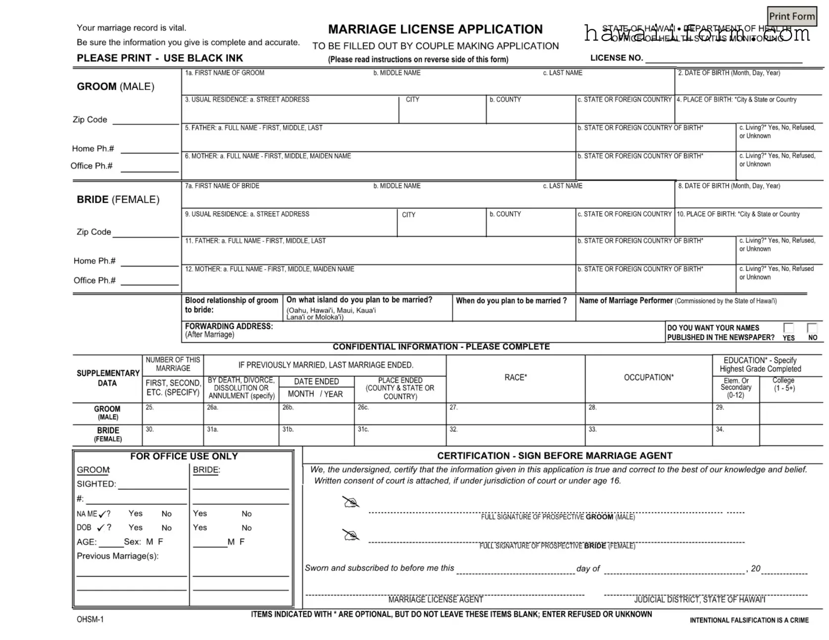 Get Hawaii Marriage Licens Application Template