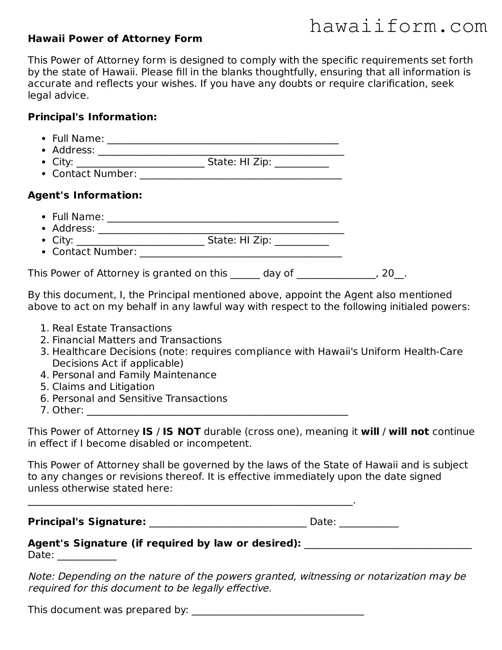 Attorney-Approved Hawaii Power of Attorney Form