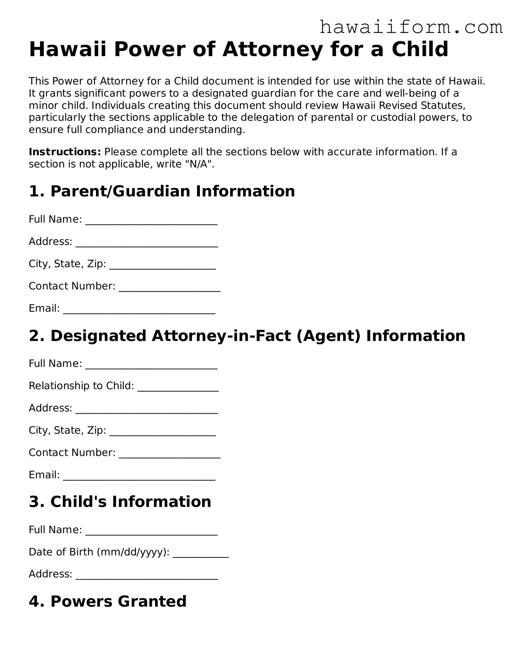 Attorney-Approved Hawaii Power of Attorney for a Child Form
