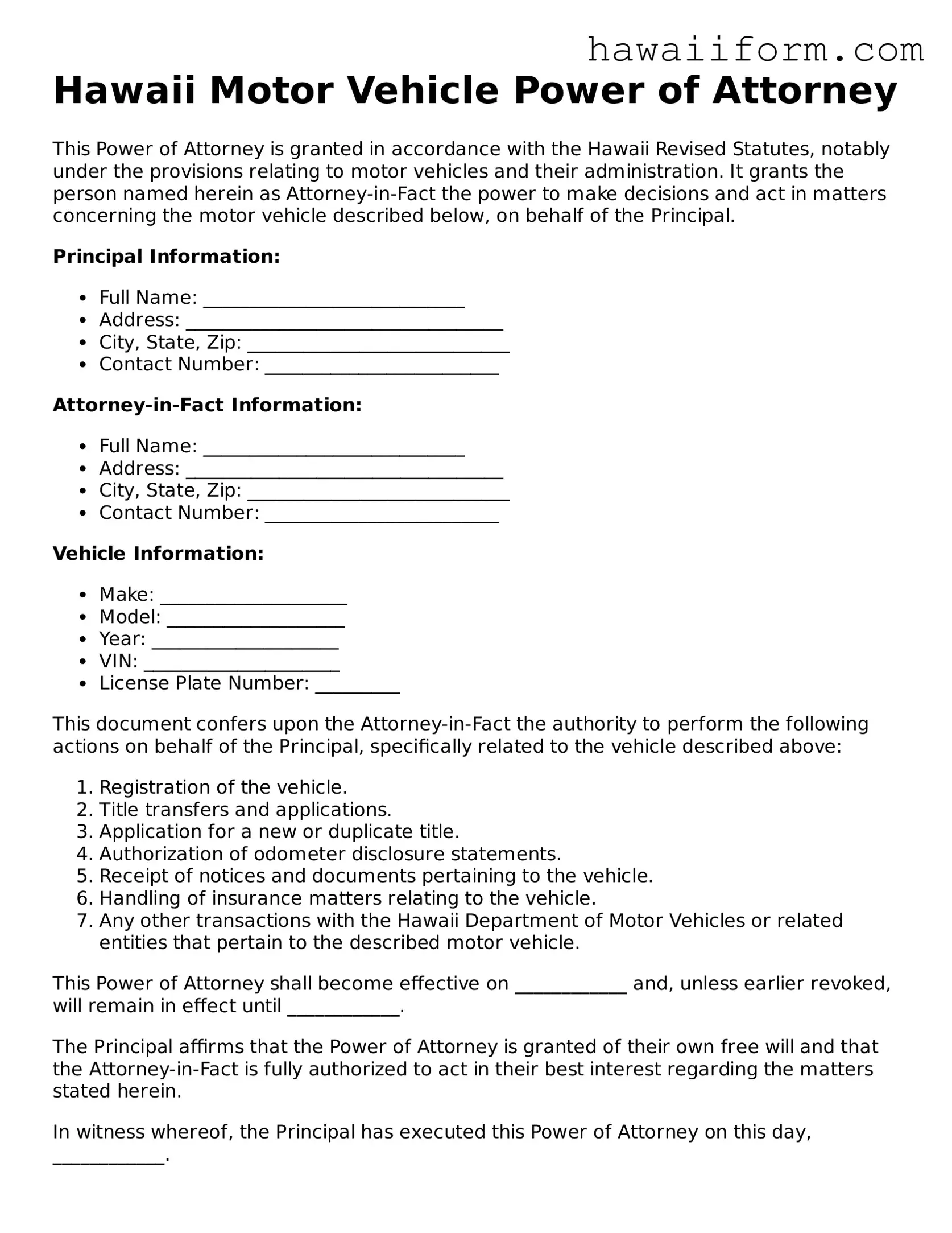 Attorney-Approved Hawaii Motor Vehicle Power of Attorney Form