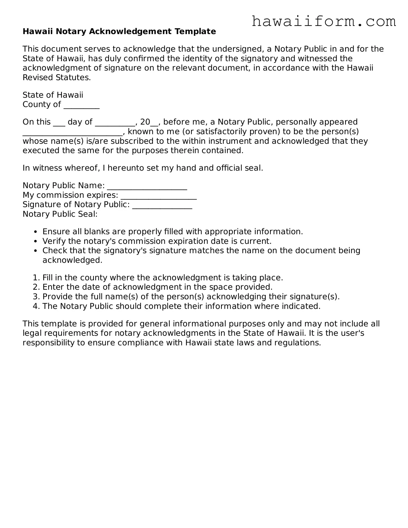 Attorney-Approved Hawaii Notary Acknowledgement Form