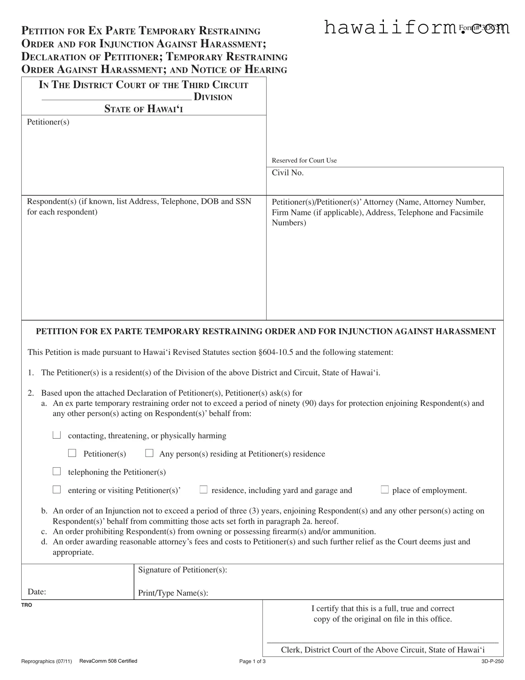 Get Hawaii Restraining Order Template