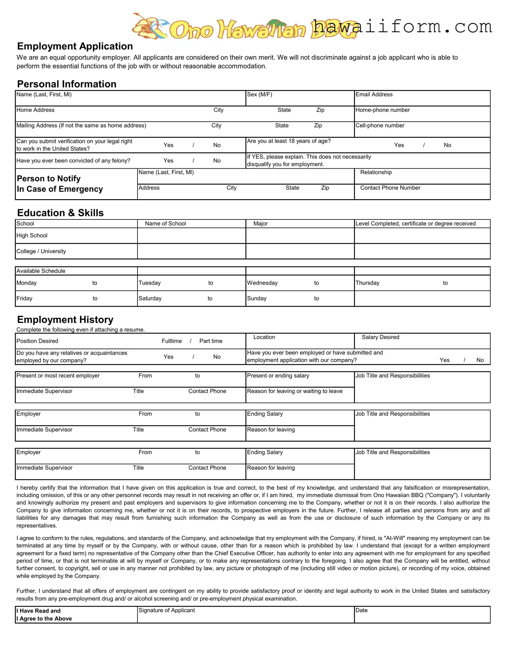 Get Ono Hawaiian Bbq Job Application Template